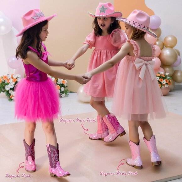 Unisex Child Pink Mid Calf Glitter Toddler Cowboy Boot Little Big Kids Western - Picture 4 of 7